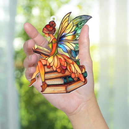 Reading Fairy Book Ornament – Stained Glass Style Acrylic Christmas Ornament, Book Lover Gift for Women, Teacher & Librarian Book Club Decorations, Fantasy Ornament Holiday Décor(Sun-15)