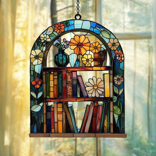 Floral Bookshelf Bookish Acrylic Suncatcher Stained Glass Effect Window Car Hanging Christmas