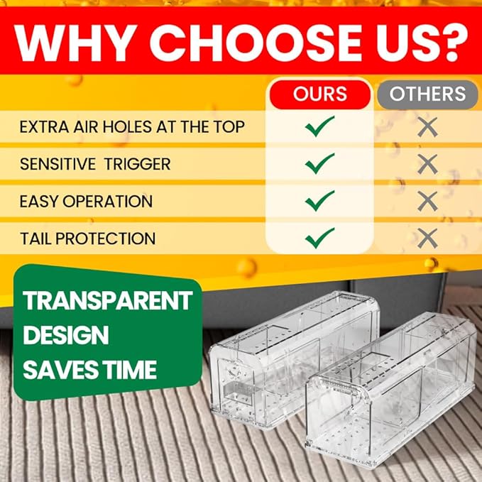 Humane Mouse Trap, No Kill Live Catch and Release Mouse Traps for Small Rat Rodent, Mousetrap Catcher Indoor and Outdoor, Easy to Use & Clean Reusable and Release Mice, 2PCS
