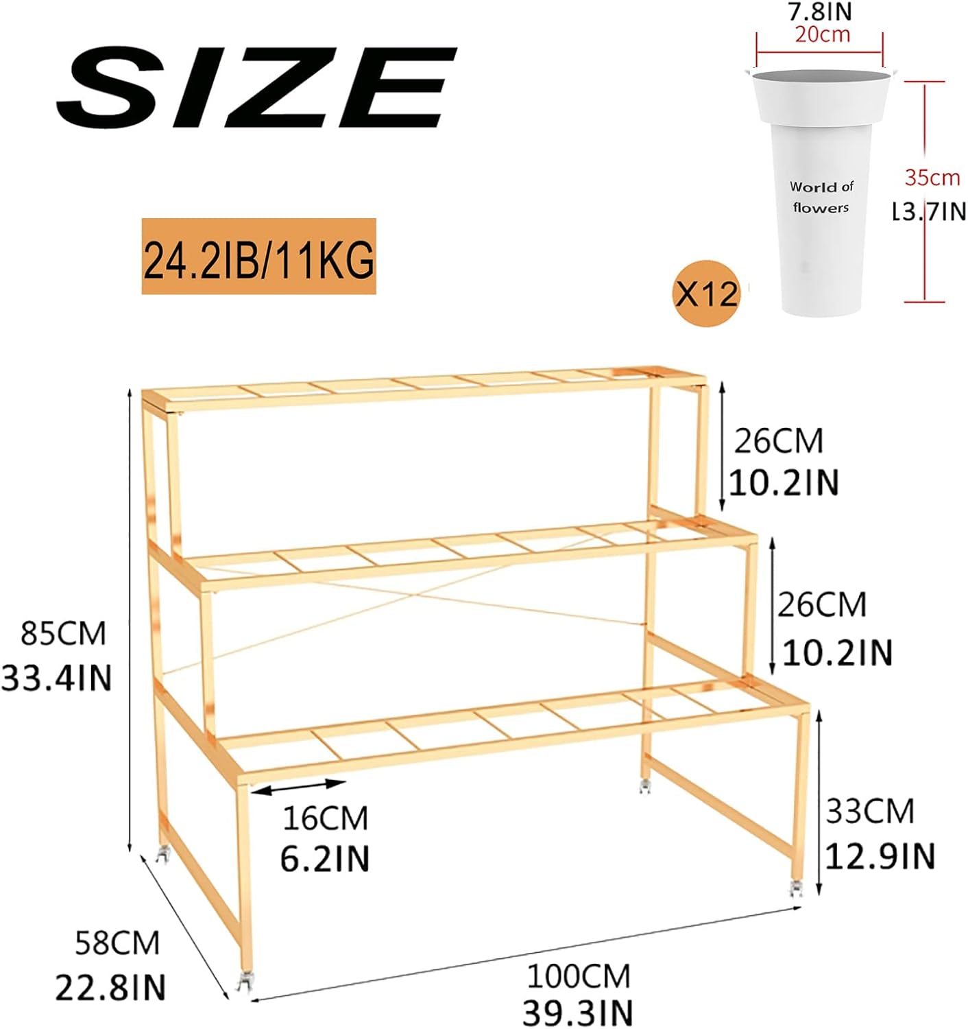 Flower Display Stand With 12PCS Buckets, 3 Layers Metal Plant Stand with Wheels, Heavy Duty Moving Plant Cart Shelf, for Indoor, Outdoor Patio Garden, Living Room, Florist (White - Round Bucket)