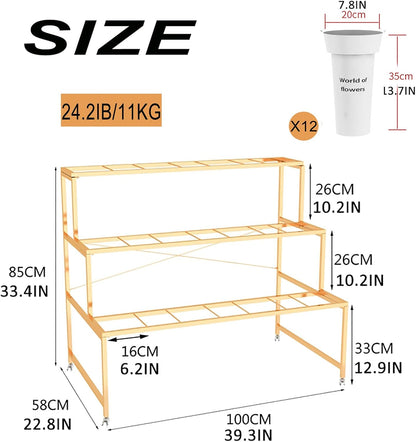 Flower Display Stand With 12PCS Buckets, 3 Layers Metal Plant Stand with Wheels, Heavy Duty Moving Plant Cart Shelf, for Indoor, Outdoor Patio Garden, Living Room, Florist (White - Round Bucket)