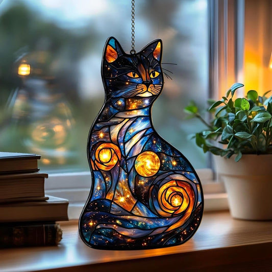 Celestial Cat Acrylic Suncatcher Stained Glass Effect Window Car Hanging Christmas Ornament Indoor