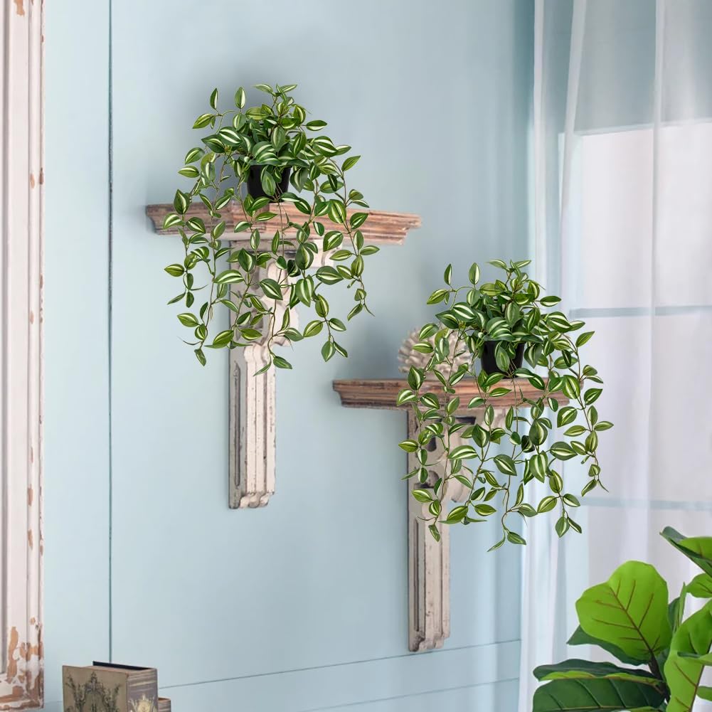 2 Pack Fake Hanging Plants for Shelf in Back Pot, Small Artificial Hanging Ivy Vine Plants Indoor Fake Potted Greenery Plant Decor Room Bathroom Wall End Table Mimi Faux Wandering Jew Plant Set