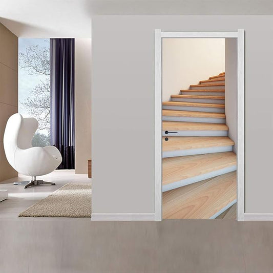 3D Door Stickers Murals - Stairs - Peel and Stick - Waterproof & Washable - Matt Finish - Modern Style - White - 33.9" x 78.7" (2 Parts) - Adults