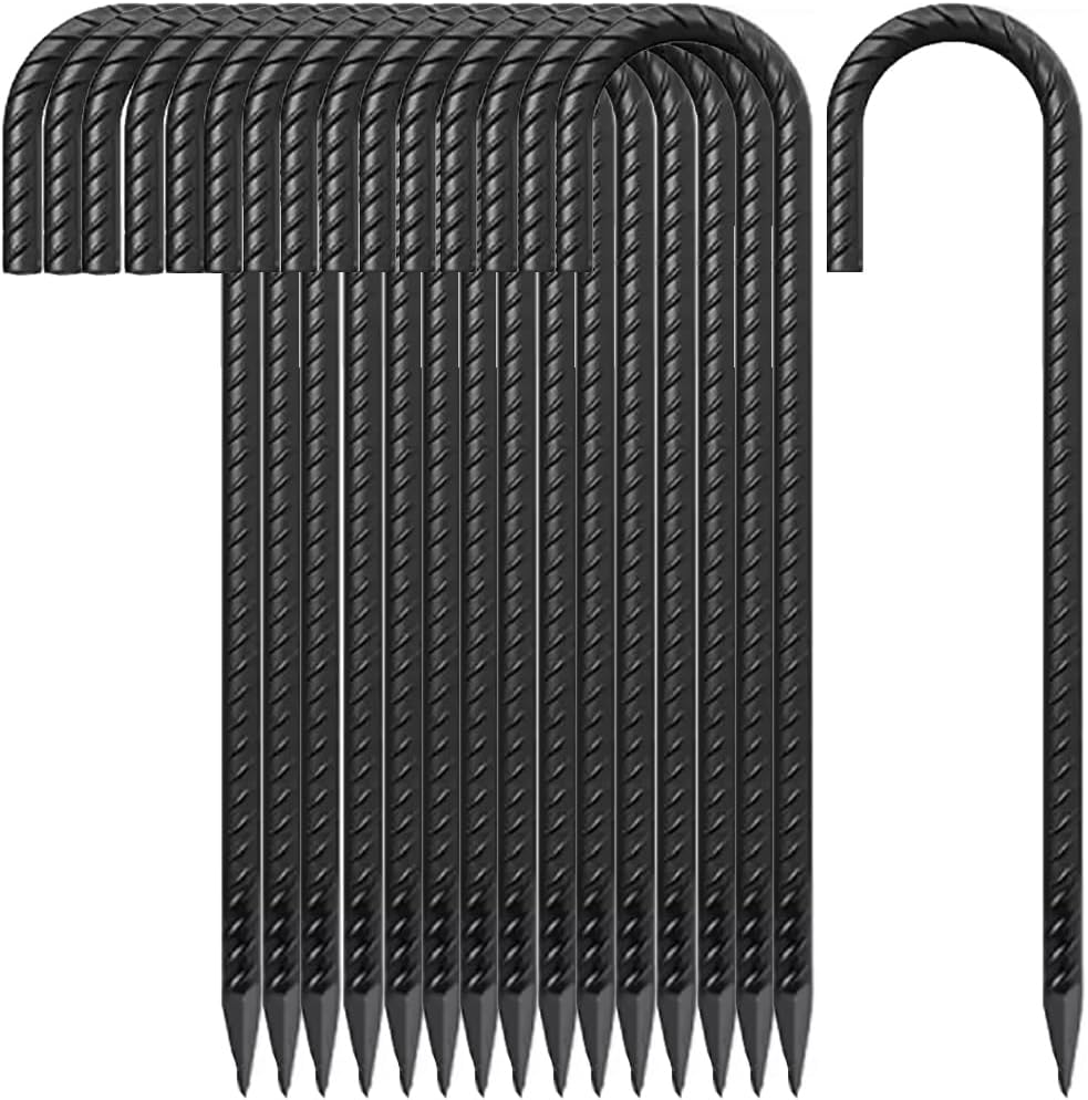 12 Inch Rebar Stakes J Hook Ground Stakes,16-Pack Fence Stakes Metal Tent Stakes for Tents, Position Kits,Fences, and Trampolines (12" J Shape-Black)