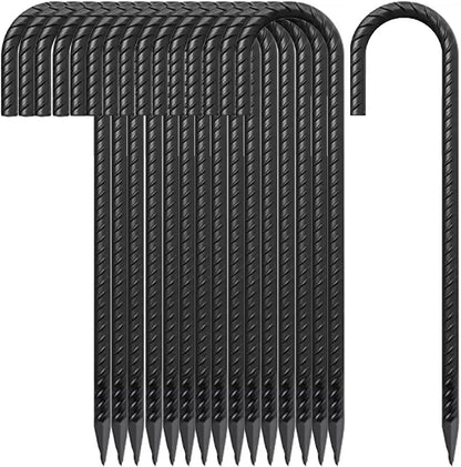 12 Inch Rebar Stakes J Hook Ground Stakes,16-Pack Fence Stakes Metal Tent Stakes for Tents, Position Kits,Fences, and Trampolines (12" J Shape-Black)