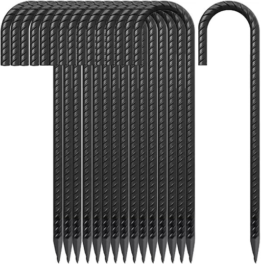 12 Inch Rebar Stakes J Hook Ground Stakes,16-Pack Fence Stakes Metal Tent Stakes for Tents, Position Kits,Fences, and Trampolines (12" J Shape-Black)