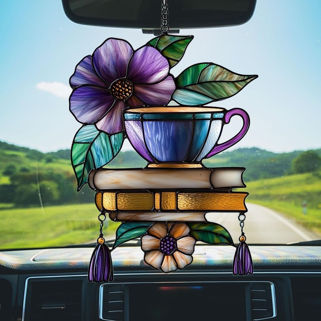 Hibiscus Tea Cup and Books Acrylic Suncatcher Stained Glass Effect Window Car Hanging Christmas Ornament Indoor Outdoor Decor Garden Sun Catcher Panel for Book Lover for Women Mom Grandma