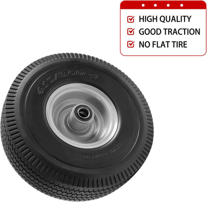10" Solid Tire Replacement 4.10/3.50-4 Flat Free Tire and Wheel for Garden Carts, Hand Trucks, Wheelbarrows,10x3.50-4" with 5/8" Axle Bore & 2 1/4" Offset Hub (2 Pack)