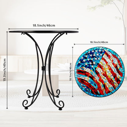 18" Outdoor Side Table, American Flag Metal Accent Table, Indoor Small Round End Tables, Plant Stand Tables for Outside Yard Balcony Garden Bedside