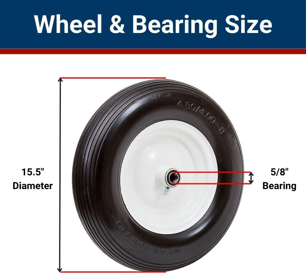 16" Flat Free Wheelbarrow Tire | Replacement Wheel for Wheelbarrow, Trailer, Wagon | Durable Wheel with 4" to 6" Hub | Compatible with 6" Hub with Spacers | 5/8" Bearing | Lapp Wheels