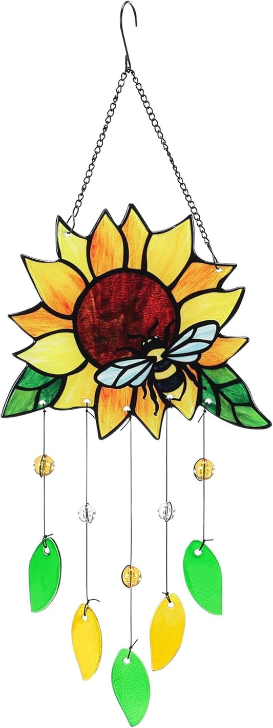 Stained Glass Suncatcher, Sunflower and Ladybug Window Hanging, 20 x 8 inches, Hand-Painted (Style