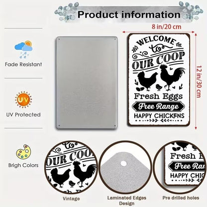 Funny Chicken Gifts Welcome To Our Coop Tin Sign for Home Farm Chicken Coop Farmhouse Kicthen Garden Decor 8 X 12 Inch (3521)