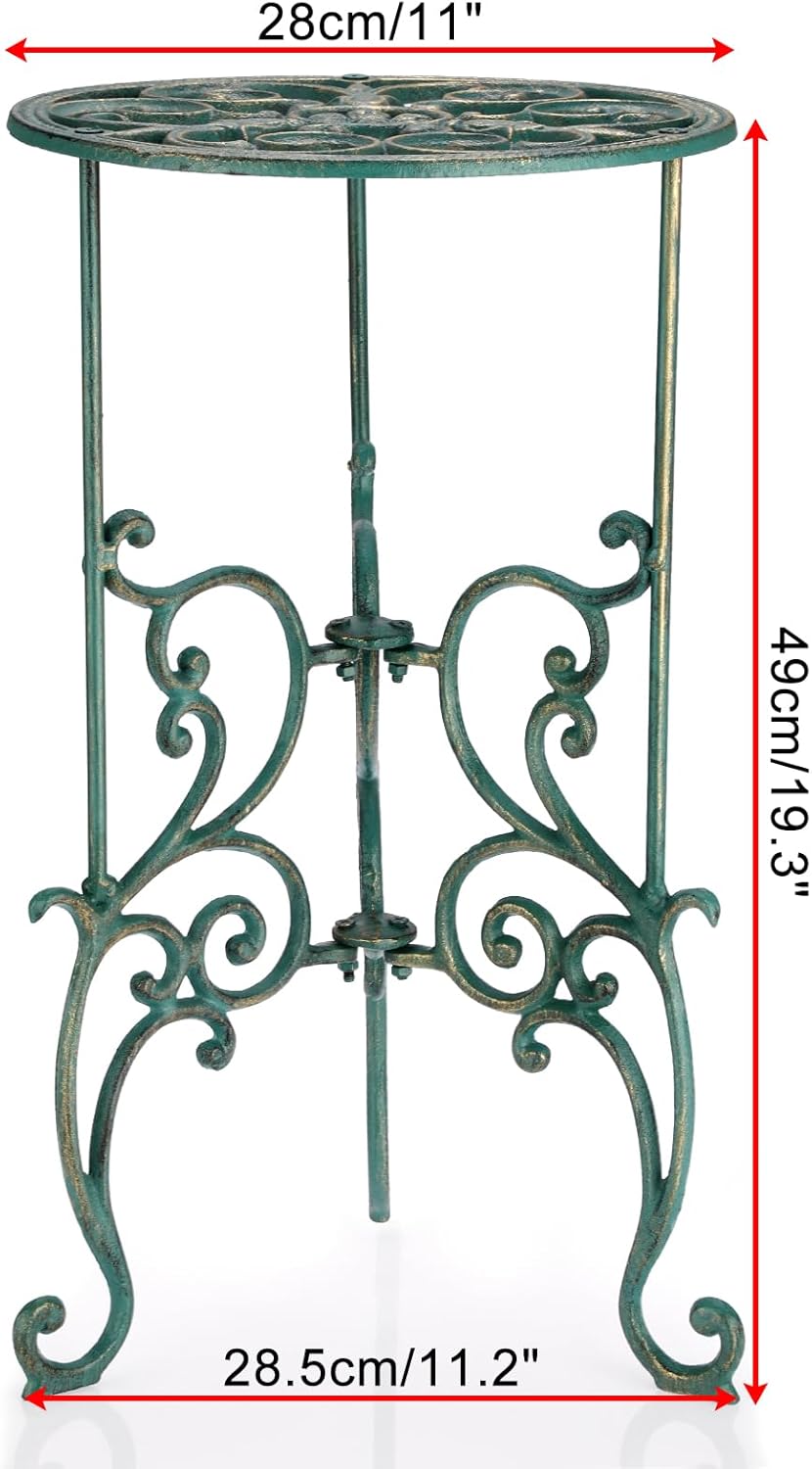 OwnMy Cast Iron Tall Plant Stand Heavy Duty Vintage Wrought Iron Flower Pot Holder, Decorative 1-Tier Potted Plant Holder Rack, Indoor Outdoor Large Metal Plant Stand for Patio Garden, Antique Green