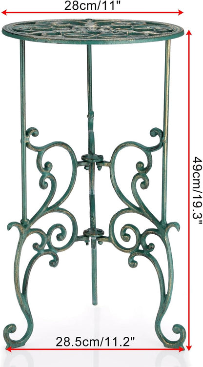 OwnMy Cast Iron Tall Plant Stand Heavy Duty Vintage Wrought Iron Flower Pot Holder, Decorative 1-Tier Potted Plant Holder Rack, Indoor Outdoor Large Metal Plant Stand for Patio Garden, Antique Green