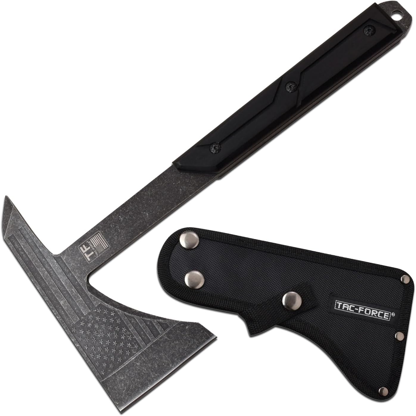 TAC-FORCE Tomahawk – Axe - Stonewash Finish Stainless Steel Blade w/Etched U.S.A. Flag, Black Wood Handle, Full Tang Construction, Includes Nylon Sheath, Tactical, EDC, Rescue - TF-AXE001SW