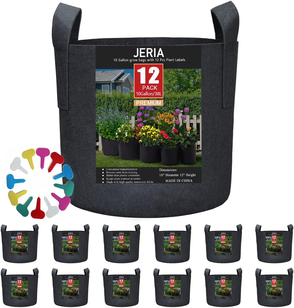 JERIA 12-Pack 10 Gallon, Vegetable/Flower/Plant Grow Bags, Aeration Fabric Pots with Handles (Black), Come with 12 Pcs Plant Labels