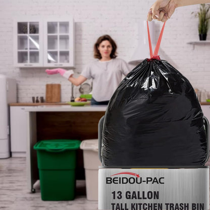 13 Gallon Trash Bags Drawstring, 500 Count Bulk Value Pack, Black & Unscented Garbage Bags, Multi-purpose Tall Kitchen Trash Bags Can Liners for Business Home Commercial and Industrial
