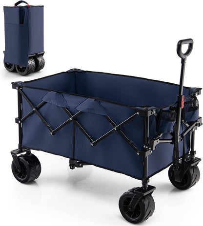 Goplus Collapsible Wagon Cart, Foldable Heavy Duty Utility Wagon with Adjustable Handle, Wide All Terrain Wheels, Cup Holder, Portable Garden Cart Beach Cart for Camping, Picnic (Blue)