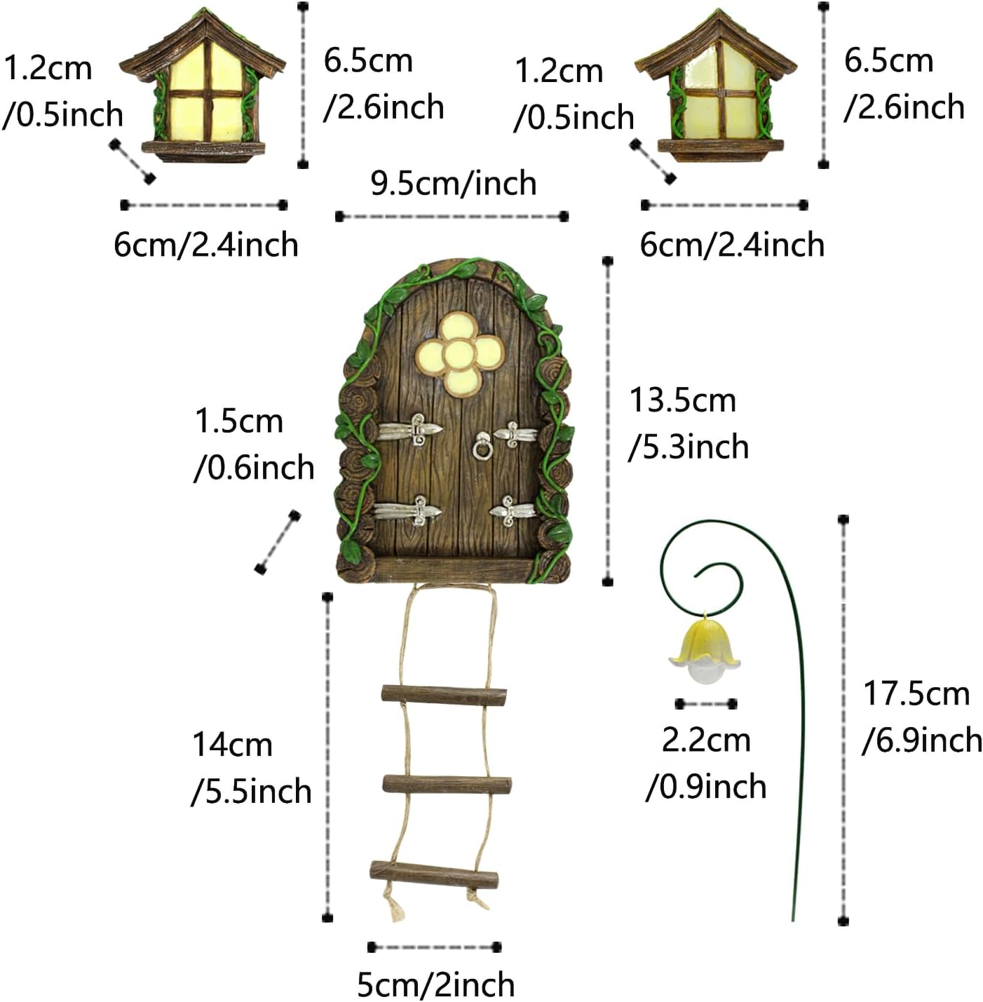 Fairy Door and Windows Garden Kit Accessories Outdoor, Glow in Dark Gnome House for Tree, Lawn Yard Art Sculpture, Miniature Garden Decor (Ladder)