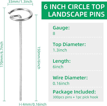 300 Pack 6 Inch Landscape Staples, Thickened 8 Gauge Circle Top Garden Stakes Heavy Duty Galvanized Landscape Fabric Pins for Securing Weed Barrier, Turf, Lawn, Fence, Tent