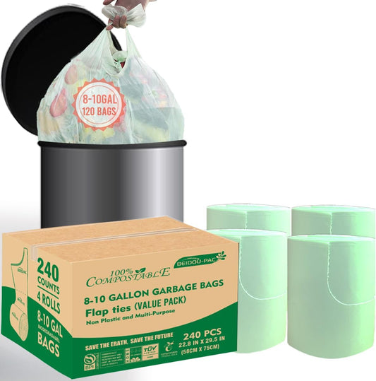 8-10 Gallon Flap Tie Compostable Trash Bags, 240 Count, Compost Bags Kitchen Trash Bags, Sturdy