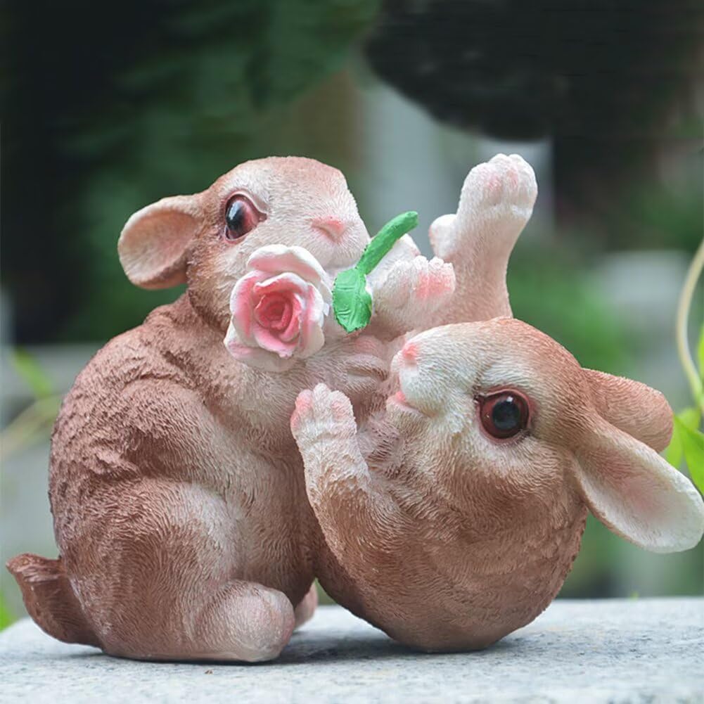 Garden Statues Bunny Decor Resin Flower Rabbit Figurine Cute Fairy Garden Decor Outdoor Statues for Patio Yard Porch Balcony Gifts for Women Mom Grandma Brown
