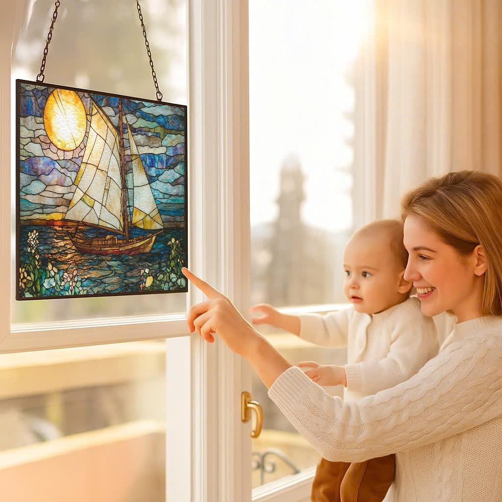 Personalized Rectangle Art Nouveau Painted Sailboat Stained Glass Window Hanging Suncatcher, Suncatcher Stained Glass Christmas Halloween
