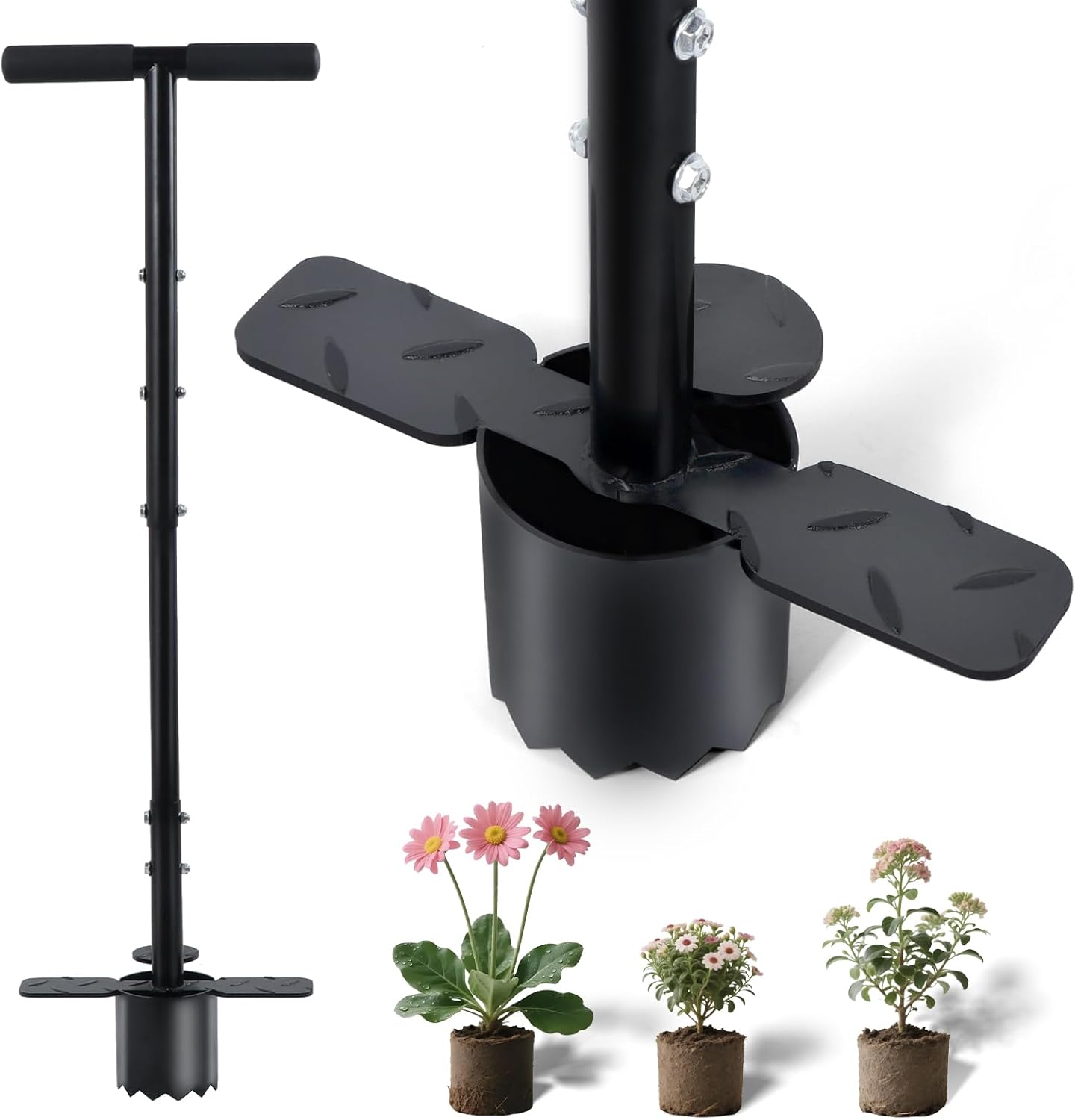 Bulb Planter Tool Long Handle, Grass Plugger Tool, Serrated Base Gardening Sod Plugger, Heavy Duty Bulb Planter Tool for Digging, Weeding, Soil Sampler, Transplanting, Sod Plugger