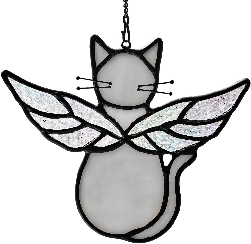 Gray Cats Gifts for Cats Lovers Suncatcher for Window,Angel Cat Memorial Gifts Stained Glass Window Hangings,Cat Loss Memorial Gifst for Women