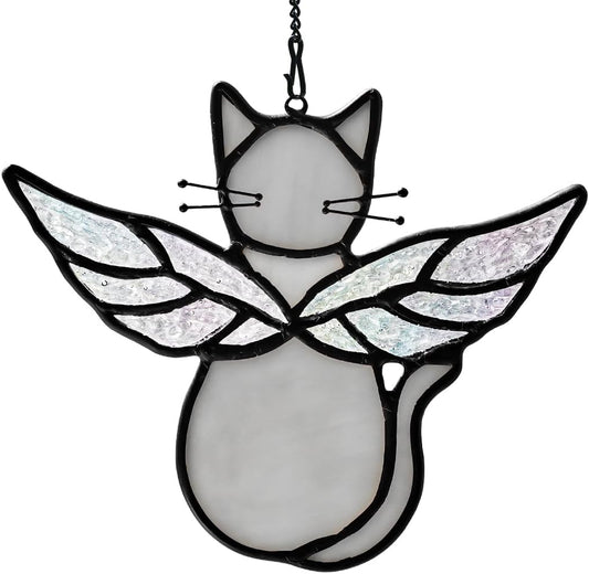 Gray Cats Gifts for Cats Lovers Suncatcher for Window,Angel Cat Memorial Gifts Stained Glass Window