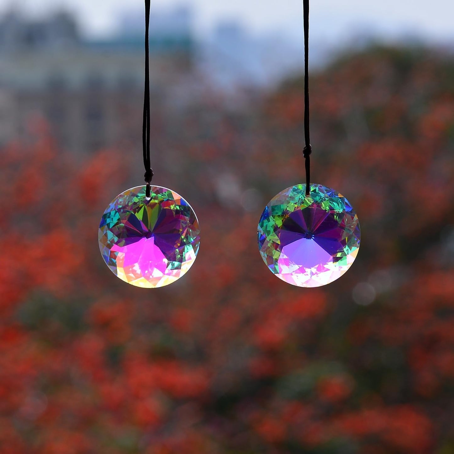 2PCS Circle Crystal Sun Catcher Prisms, STINO Hanging Suncatchers with Glass Prism, Rainbow Maker for Windows, Balcony, Kitchen, Garden Decoration (1, Circle ABColor 2Pcs)