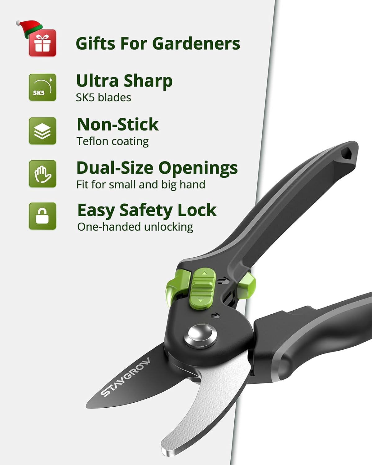 Pruning Shears for Gardening 2 Pack, 8.5" Bypass Garden Clippers and 6.5" Curved Garden Shears, Pruners with Super Sharp Stainless Steel Blades, Safety Lock, Gardening Gifts for Men Women