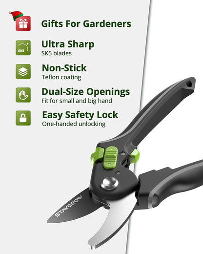 Pruning Shears for Gardening 2 Pack, 8.5" Bypass Garden Clippers and 6.5" Curved Garden Shears, Pruners with Super Sharp Stainless Steel Blades, Safety Lock, Gardening Gifts for Men Women