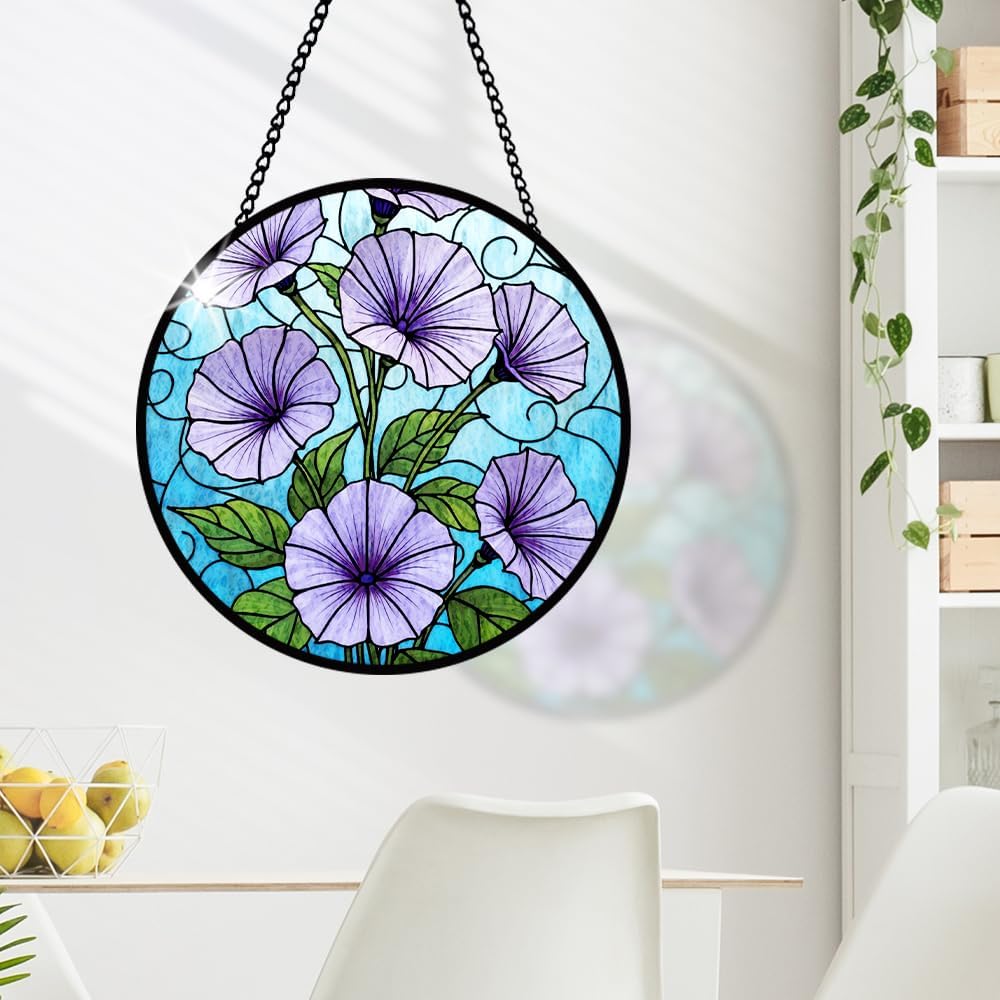 Morning Glory Stained Glass Window Hanging, Purple Suncatcher Panel Hanging for Indoor Outdoor Window Decorations, Morning Glory Glass Ornament for Wall, Garden Decor Gifts for Wedding, Housewarming