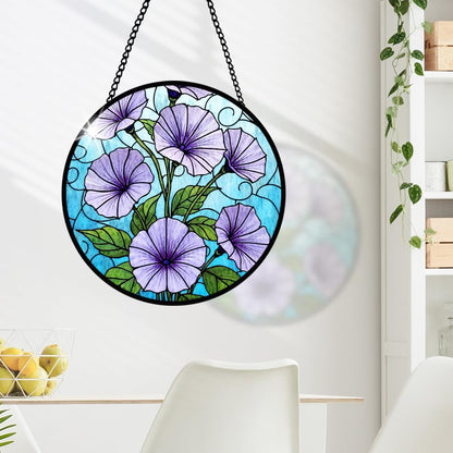 Morning Glory Stained Glass Window Hanging, Purple Suncatcher Panel Hanging for Indoor Outdoor Window Decorations, Morning Glory Glass Ornament for Wall, Garden Decor Gifts for Wedding, Housewarming