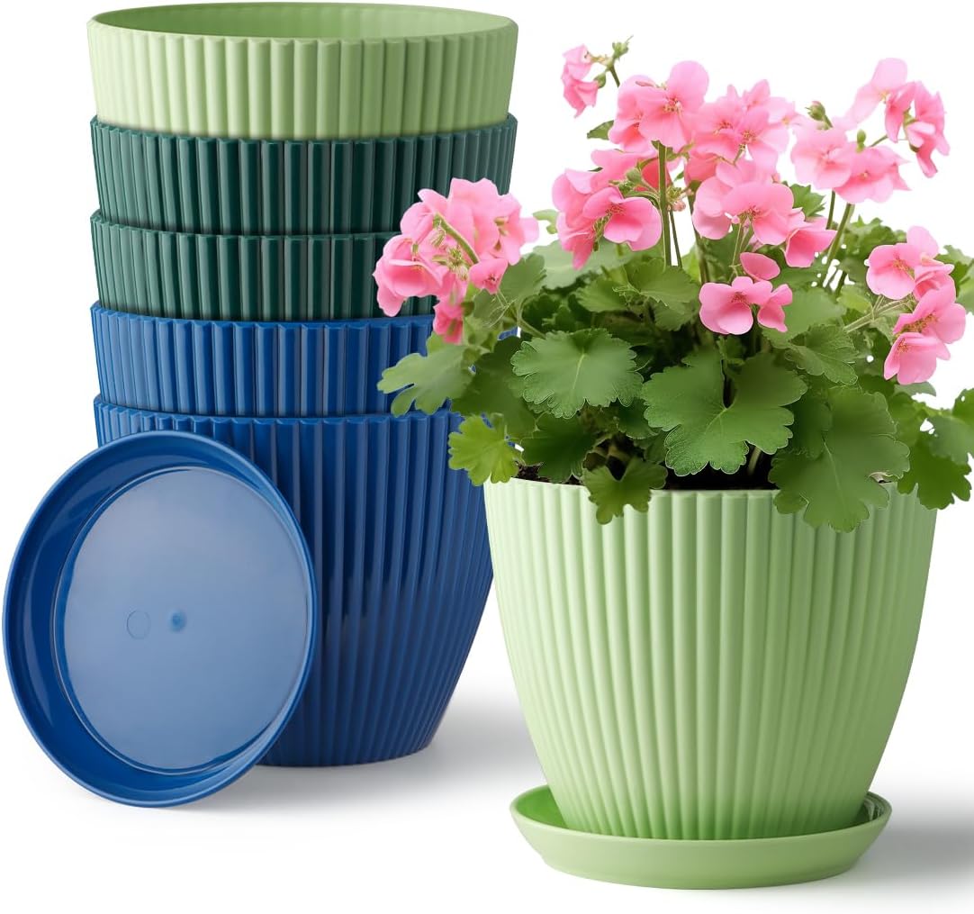 Plastic Plant Pots, 6 Pack 7.5 Inch Flower Pots with Drainage Holes and Saucer, Planters for Indoor Outdoor Plants, Stylish Decor for Home and Garden(Blue, Green, Dark Green)