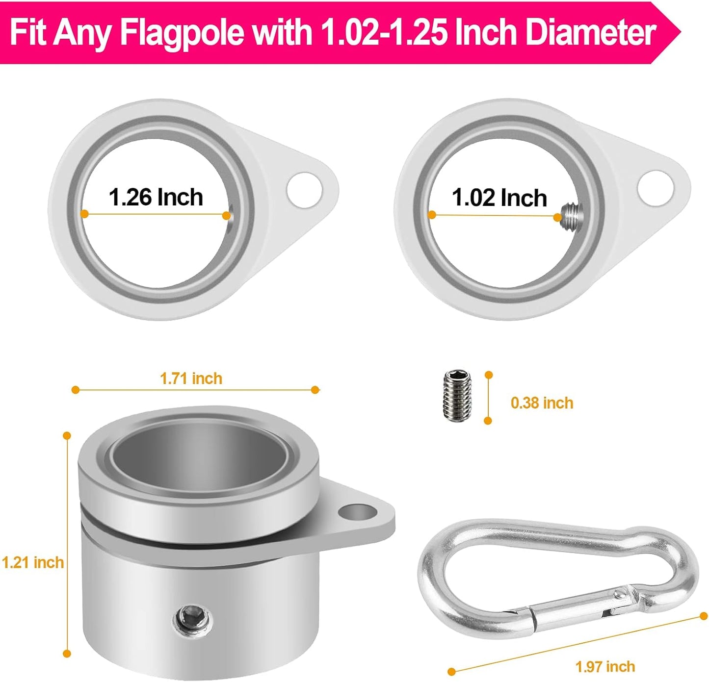 1.25" Flag Pole Rings, 2 Pcs Anti Wrap Flag Pole Clips Swivels, 360° Rotating Flagpole Mounting Rings, Aluminum Alloy Spinning Flag Pole Kit Parts for 1.02-1.25" Diameter (1.25 Inch, Silver)