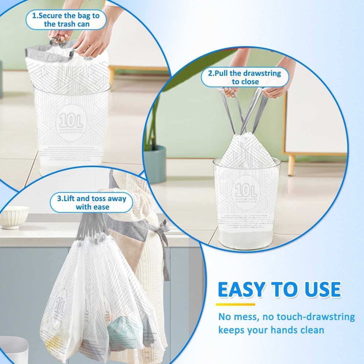 OKKEAI 3 Gallon Drawstring Trash Bags, White Small Bathroom Garbage Bags – 90 Count Tear-Free, Heavy Duty Printed Liners, Leak-Proof White Trash Bag for Kitchen, Office, Multipurpose Use