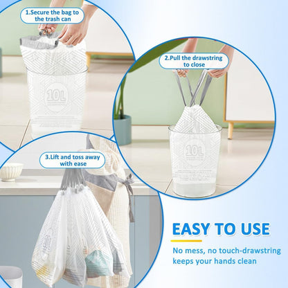 OKKEAI 3 Gallon Drawstring Trash Bags, White Small Bathroom Garbage Bags – 90 Count Tear-Free, Heavy Duty Printed Liners, Leak-Proof White Trash Bag for Kitchen, Office, Multipurpose Use