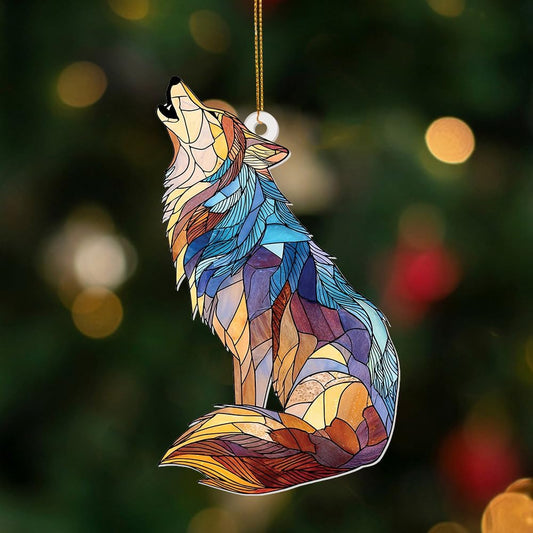 Wolf Stained Glass Ornament, Howling Wolf Window Hanging Acrylic Suncatcher, Wildlife Animal Decor