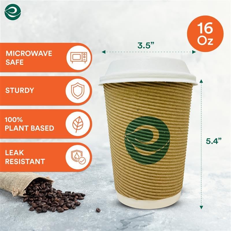 ECO SOUL 16oz Compostable Ripple Cups (50 Pack) – Biodegradable Paper Cups, Non-Toxic Disposable Cups for Hot Drinks, To-Go Coffee Cups, Eco-Friendly & Ripple Paper Cups