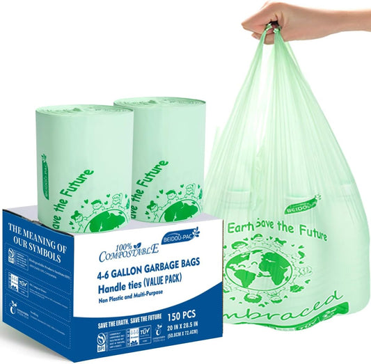 4-6 Gallon Compostable Trash Bags, 150 Count - Kitchen Trash Bags with Handle, Sturdy Biodegradable
