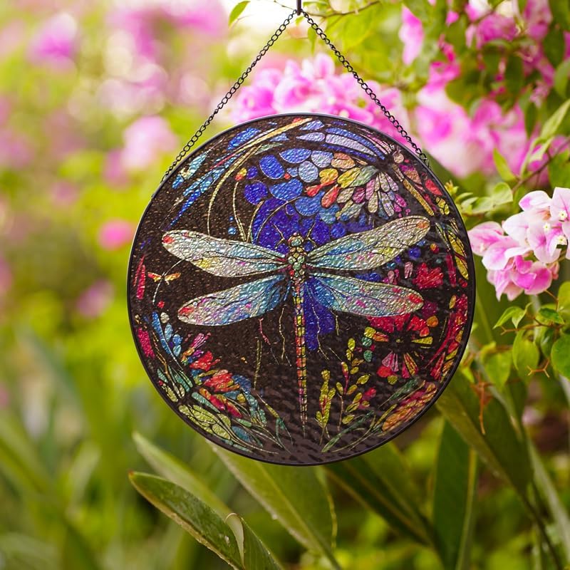 12" Stained Glass Window Hanging Suncatcher,Large Dragonfly Pattern Handmade Stained Glass Painted,Suncatchers for Windows,Hand Dragonfly Suncatcher Window Decorations,Include Metal Chain