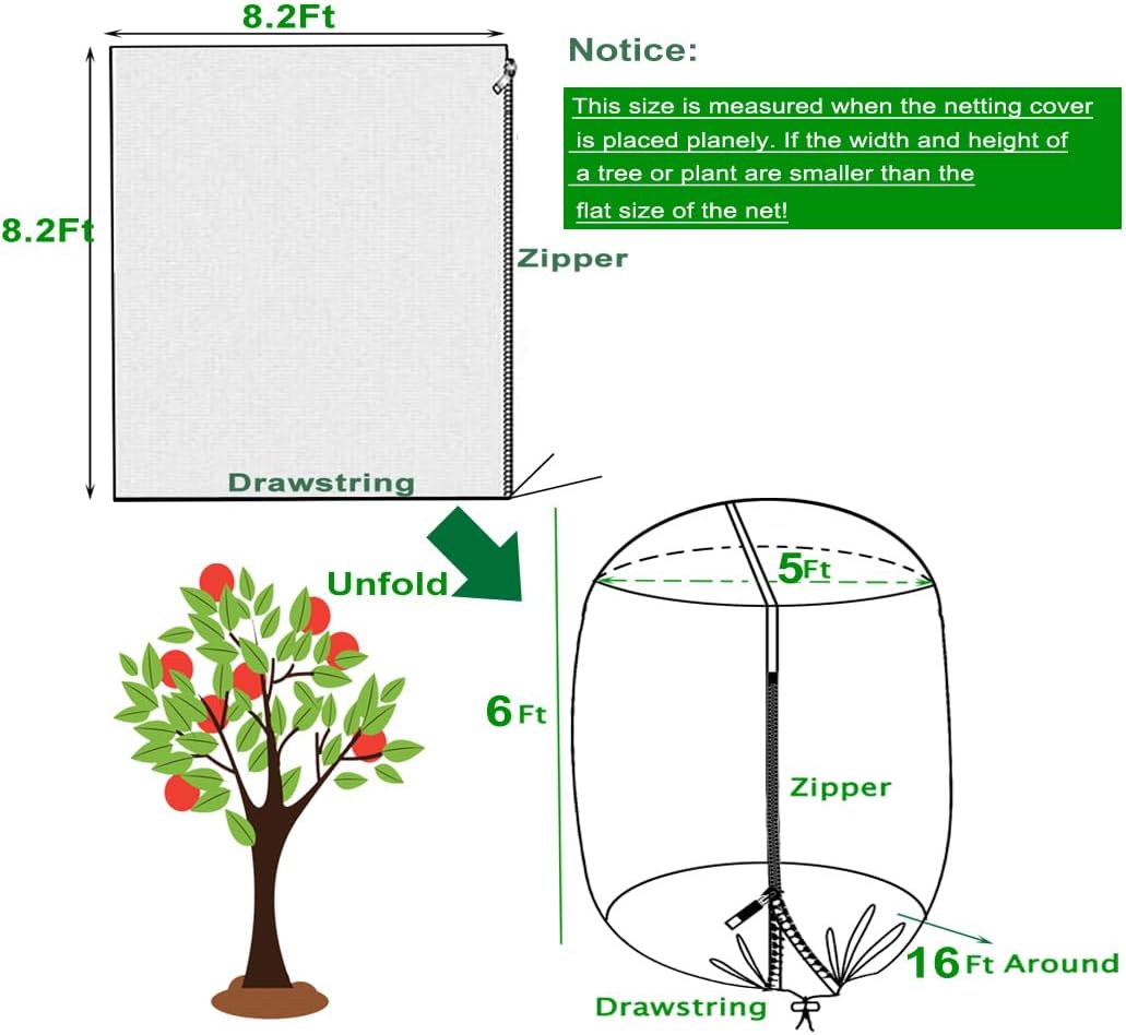 8.2x8.2ft Large Tree Netting for Fruit Trees Keep Birds Squirrels Cicadas and Small Animals Out,Ideal Covers for Cherry Fig Blueberry Bushes Guava Peach Apple Trees(Zippers on One Side)
