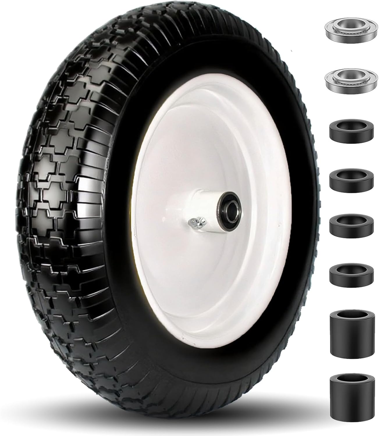 4.80/4.00-8 Tire, 14.5" Tire and Wheel Flat Free, 5/8" Bore Bearing with 3/4" Extra Bearings, 3" Centered Hub - Universal for 4.80-8 4.00-8 4.00-6 3.50/3.00-8 Wheelbarrow Tires