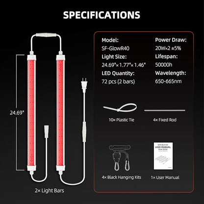 Spider Farmer GlowR40 LED Plant Grow Light, Deep Red Supplemental Lighting Bar 2ft, 650-665NM High Efficiency Growing for Indoor Plants Bloom Flower
