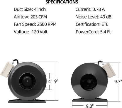 SunStream 4" Grow Tent Ventilation Kit, 203 CFM Inline Fan, Carbon Filter, 25ft Ducting Ventilation System for 2x2/3x3 Grow Tents Indoor Gardening, Hydroponics