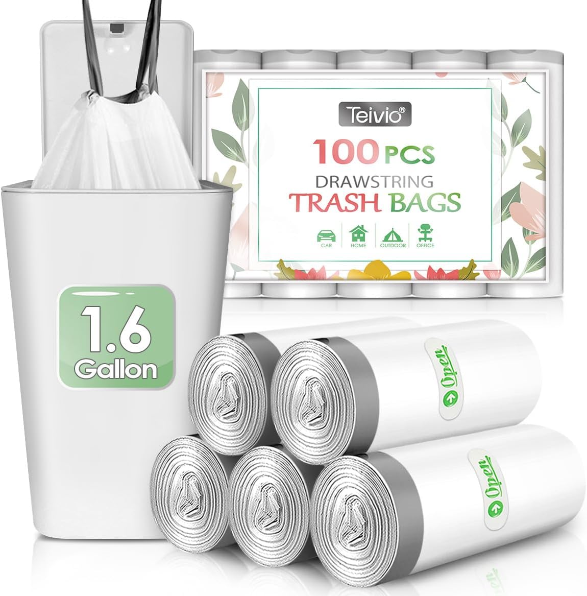 Teivio 1.6 Gallon 120 Counts Strong Drawstring Trash Bags Garbage Bags, Medium Kitchen Trash Can Bathroom Bin Liners, Plastic Trash Bags for Home Office Kitche, White