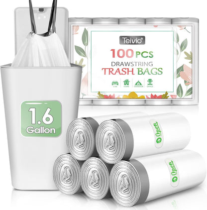 Teivio 1.6 Gallon 120 Counts Strong Drawstring Trash Bags Garbage Bags, Medium Kitchen Trash Can Bathroom Bin Liners, Plastic Trash Bags for Home Office Kitche, White